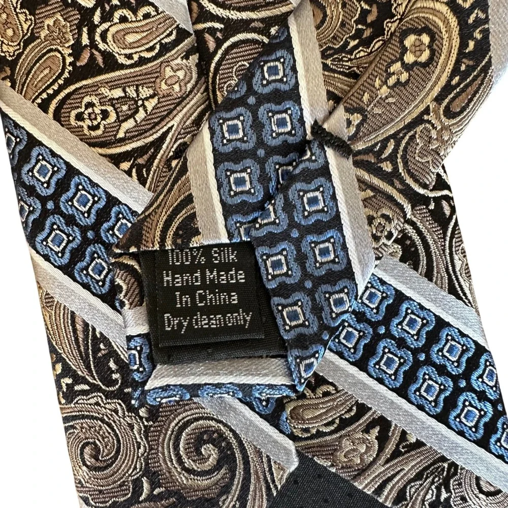 Pronto Uomo Men Paisley Diagonal Stripe‎ Silk Tie Blue Brown Black Silver Formal